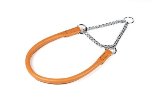 Okrągła obroża pół zaciskowa Skórzana z łańcuszkiem –Jasno Brązowa 27 cm, Ø 6 mm 