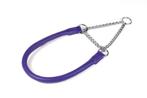 Okrągła obroża pół zaciskowa Skórzana z łańcuszkiem –Fioletowa 30 cm, Ø 6 mm  