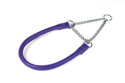Okrągła obroża pół zaciskowa Skórzana z łańcuszkiem –Fioletowa 33cm, Ø 6 mm 