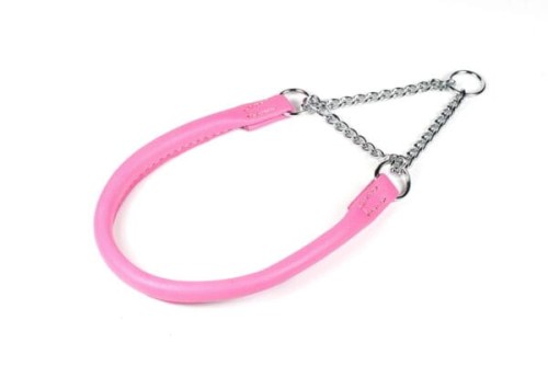 Okrągła obroża pół zaciskowa Skórzana z łańcuszkiem –Różowa 25 cm, Ø 4 mm 