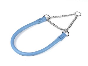 Okrągła obroża pół zaciskowa Skórzana z łańcuszkiem –Niebieska ,25 cm, Ø 4 mm 