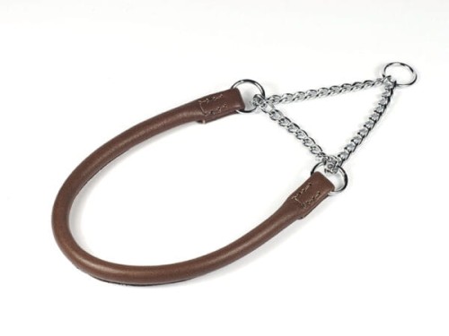 Okrągła obroża pół zaciskowa Skórzana z łańcuszkiem – Ciemno Brązowa 25cm, Ø 4 mm 