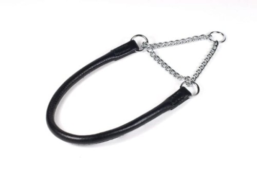 Okrągła obroża pół zaciskowa Skórzana z łańcuszkiem –Czarna 23 cm, Ø 4 mm