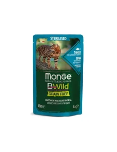 Saszetka dla kota BWILD  Bezzbożowa Tuńczyk z krewetkami i warzywami w sosie 85g - marki MONGE 