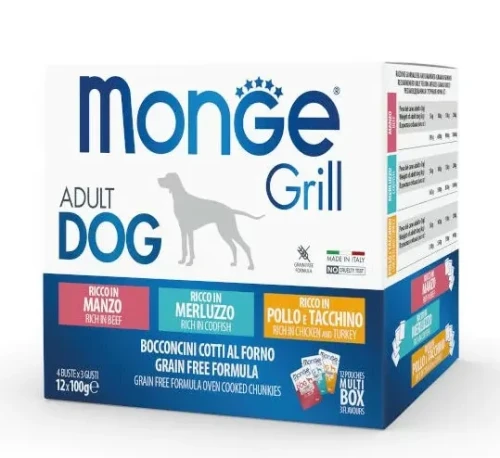 Multi Box MONGE GRILL wołowina/dorsz/kurczak z indykiem 12x100g - marki MONGE