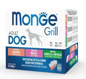 Multi Box MONGE GRILL łosoś/wieprzowina/jagnięcina z warzywami 12x100g - marki MONGE