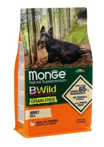 Bezzbożowa Karma Monge Superpremium Bwild GRAIN FREE MINI ADULT Kaczka z ziemniakami 2,5Kg - marki MONGE