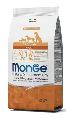 Pełnowartościowa karma Superpremium Adult  Kaczka z ryżem i ziemniakami  dla psa 2,5kg - marki MONGE  