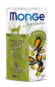 Saszetka dla kota Supreme ADULT Tuńczyk z małżami i oliwkami 80g - marki MONGE 