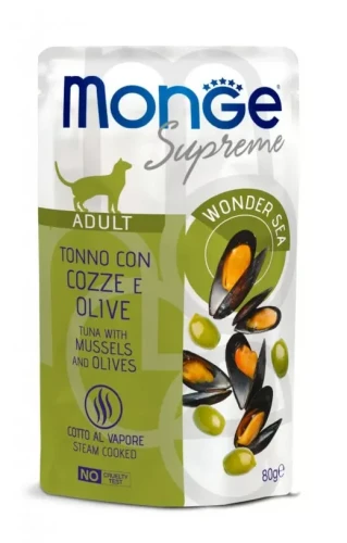 Saszetka dla kota Supreme ADULT Tuńczyk z małżami i oliwkami 80g - marki MONGE 