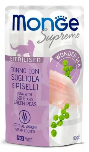 Saszetka dla kota Supreme Sterilised Tuńczyk z rybą Solą i groszkiem 80g - marki MONGE