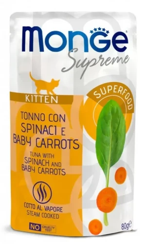Saszetka dla kota Supreme KITTEN Tuńczyk ze szpinakiem i mini marchewką 80g - marki MONGE