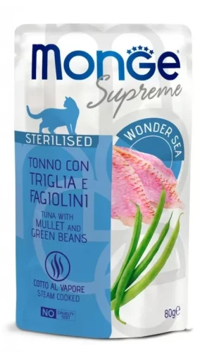 Saszetka dla kota Supreme Sterilised Tuńczyk z barweną i zieloną fasolą 80g - marki MONGE