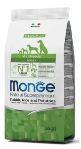 Pełnowartościowa karma Superpremium Adult z królikiem, ryżem i ziemniakami dla psa 2,5kg - marki MONGE 