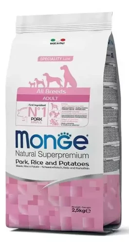 Pełnowartościowa karma Superpremium Adult Wieprzowina z ryżem i ziemniakami dla psa 2,5kg - marki MONGE