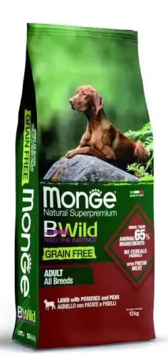Bezzbożowa karma  dla dorosłych psów wszystkich ras BWILD GRAIN FREE,  jagnięciną, groszkiem i ziemniakami 12Kg- marki MONGE