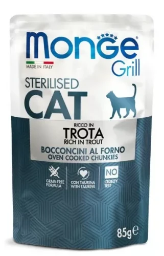 Saszetka dla kota STERYLISED mięsne kawałki z Pstrąg 85g GRILL- marki MONGE
