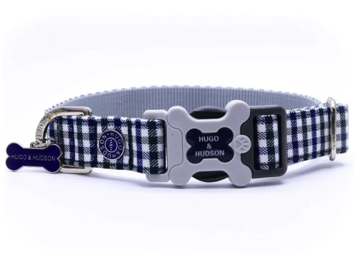 Obroża Fabric Printed Plastic Buckle r. L – niebiesko - zielona krata, Hugo & Hudson