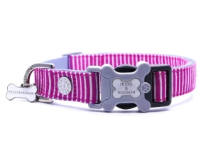 Obroża Fabric Printed Plastic Buckle r. XS – różowo białe paski, Hugo & Hudson