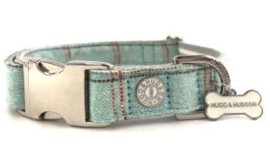 Obroża Tweed r. L – krata Aqua, morski niebieski, Hugo & Hudson  