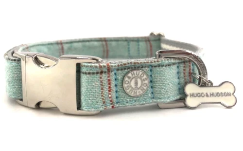 Obroża Tweed r. L – krata Aqua, morski niebieski, Hugo & Hudson  