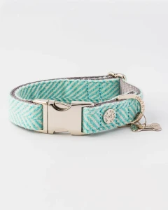 Obroża Pink Herringbone Luxury Tweed r. L – Niebieska jodełka , Hugo & Hudson